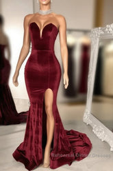 Sexy Burgundy Velvet Wedding Guest Dress V Neck Mermaid Semi Formal Prom Dresses